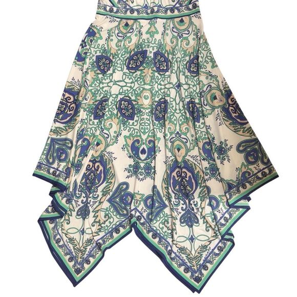 Donna Morgan Blue Green Paisley Print Asymmetrical Midi Dress Size 6 - Picture 10 of 14